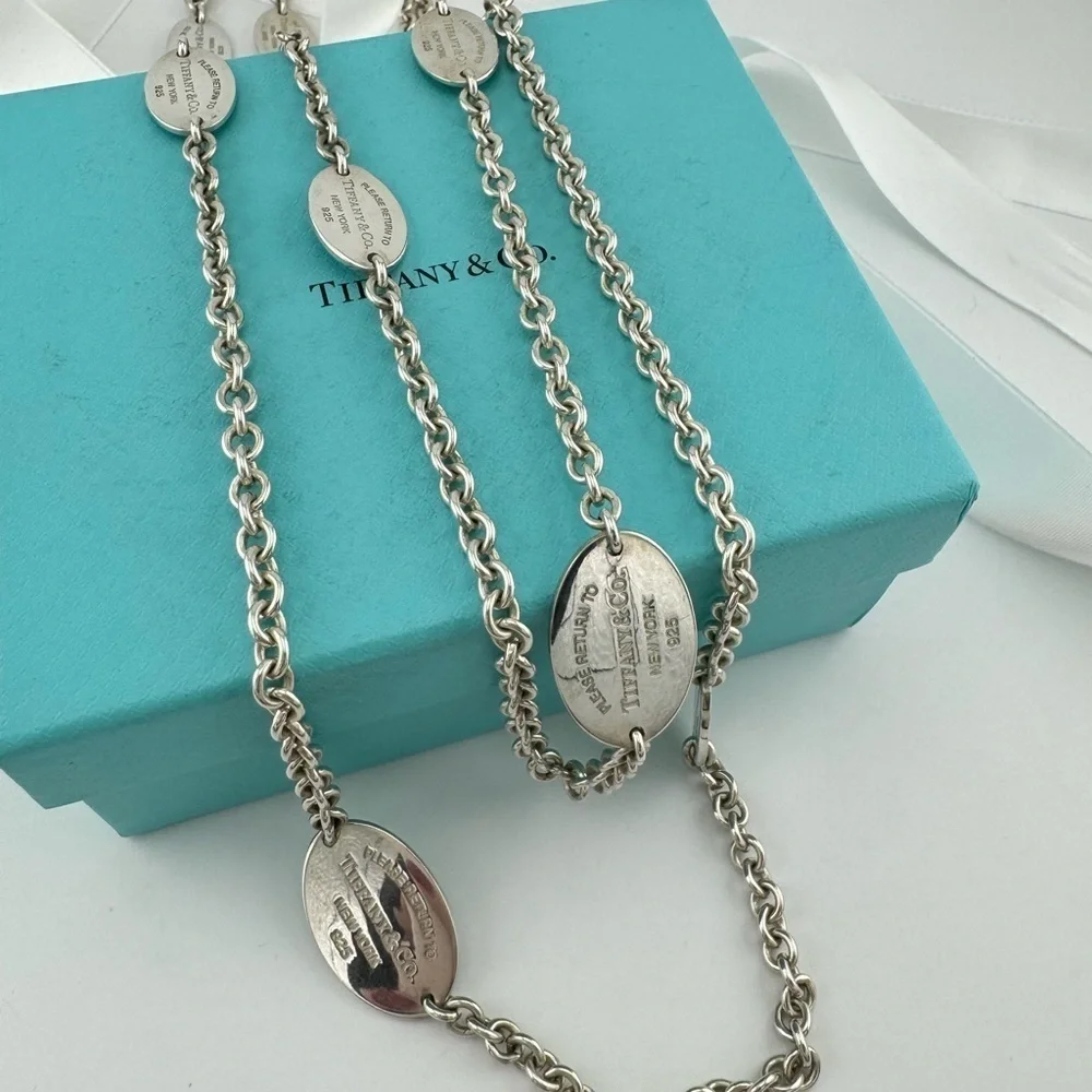 Tiffany & Co. Return to Tiffany Oval Tag Station Necklace Sterling Silver 55in